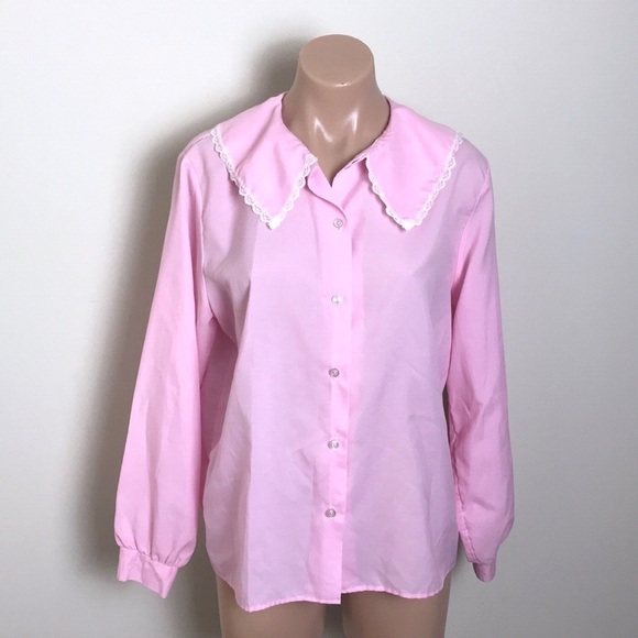 Vintage Lace Dainty Collar Pink Button Down Top - Picture 1 of 6